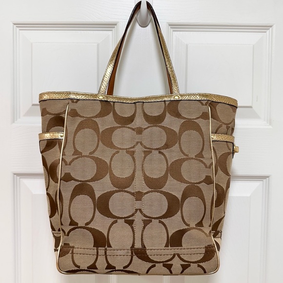 Coach - Signature Canvas Large Tote Gold Snakeskin Embossed Leather Vintage Y2K